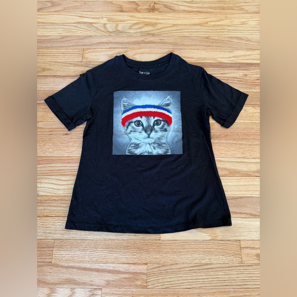 Zoe + Liv Black Textured T-Shirt with Cat
